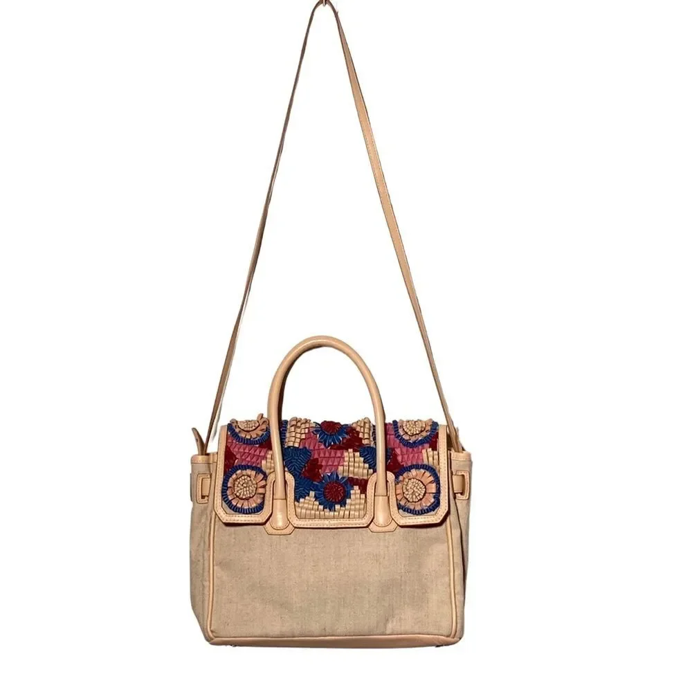 Sam Edelman Sylvia Floral Leather Jute Satchel Boho Convertible Tote